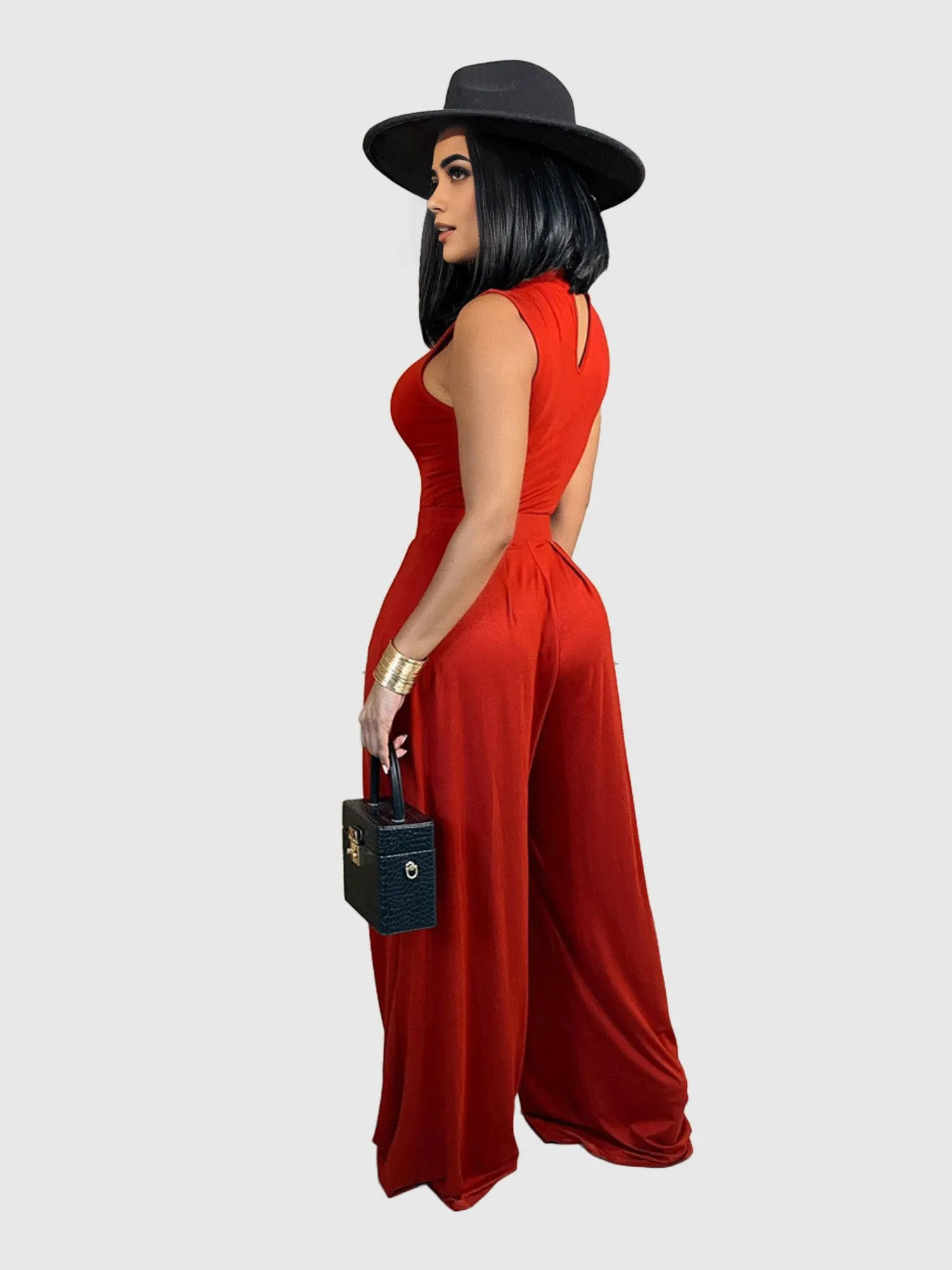 Red Solid Wide Leg Jumpsuit