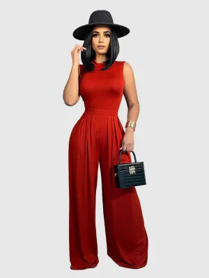 Red Solid Wide Leg Jumpsuit