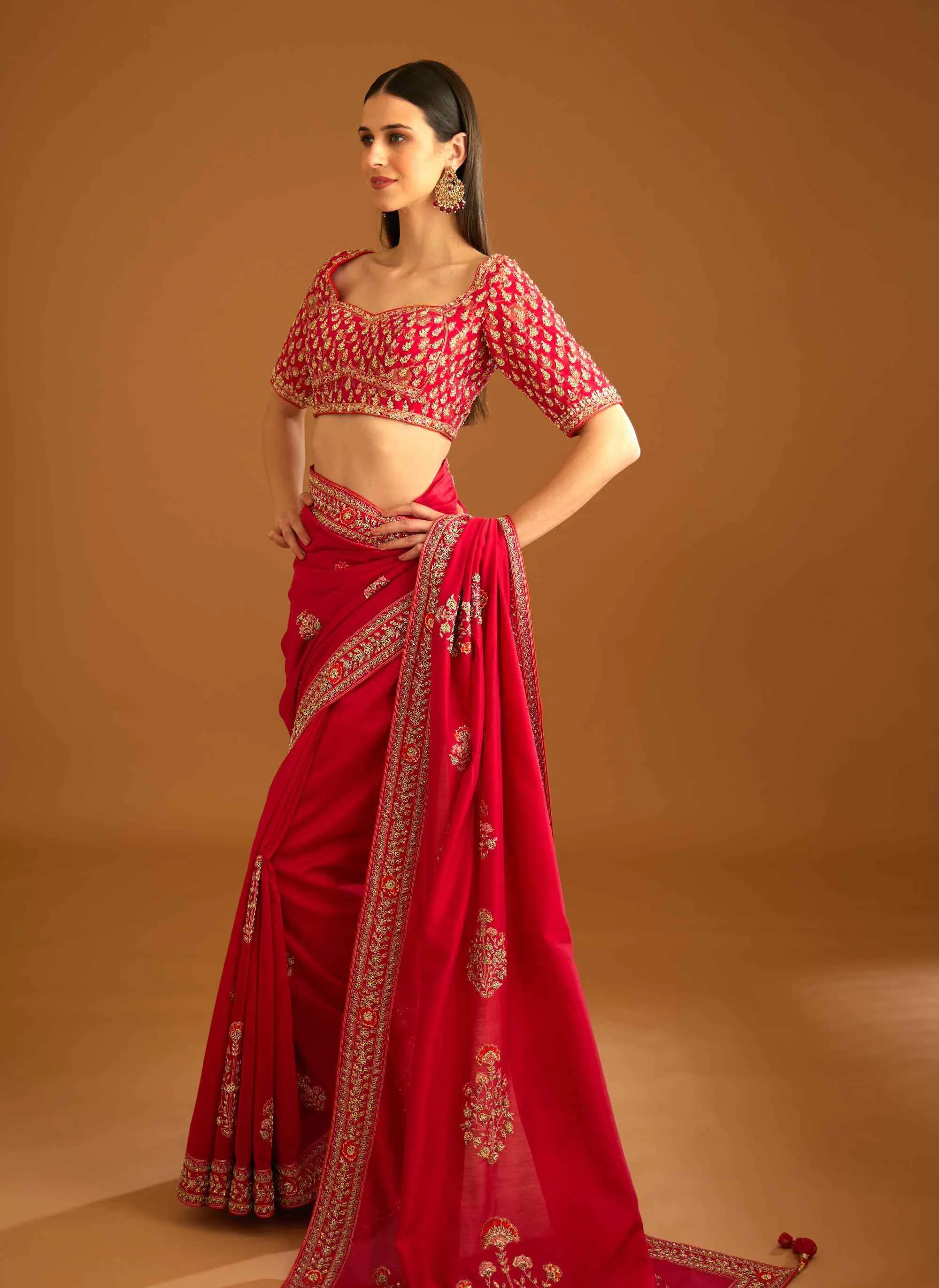 Red zardozi embroidery sari and blouse