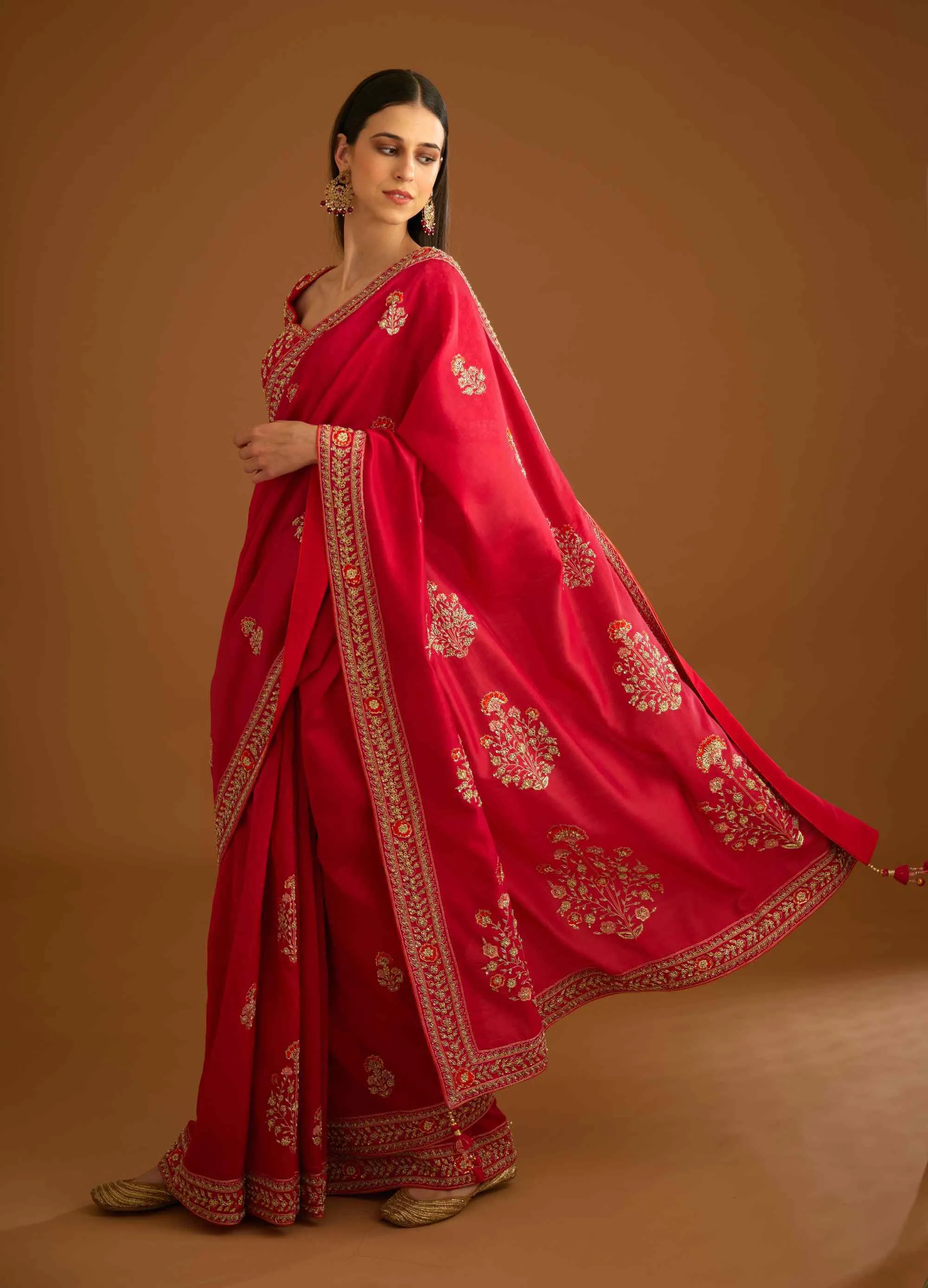 Red zardozi embroidery sari and blouse