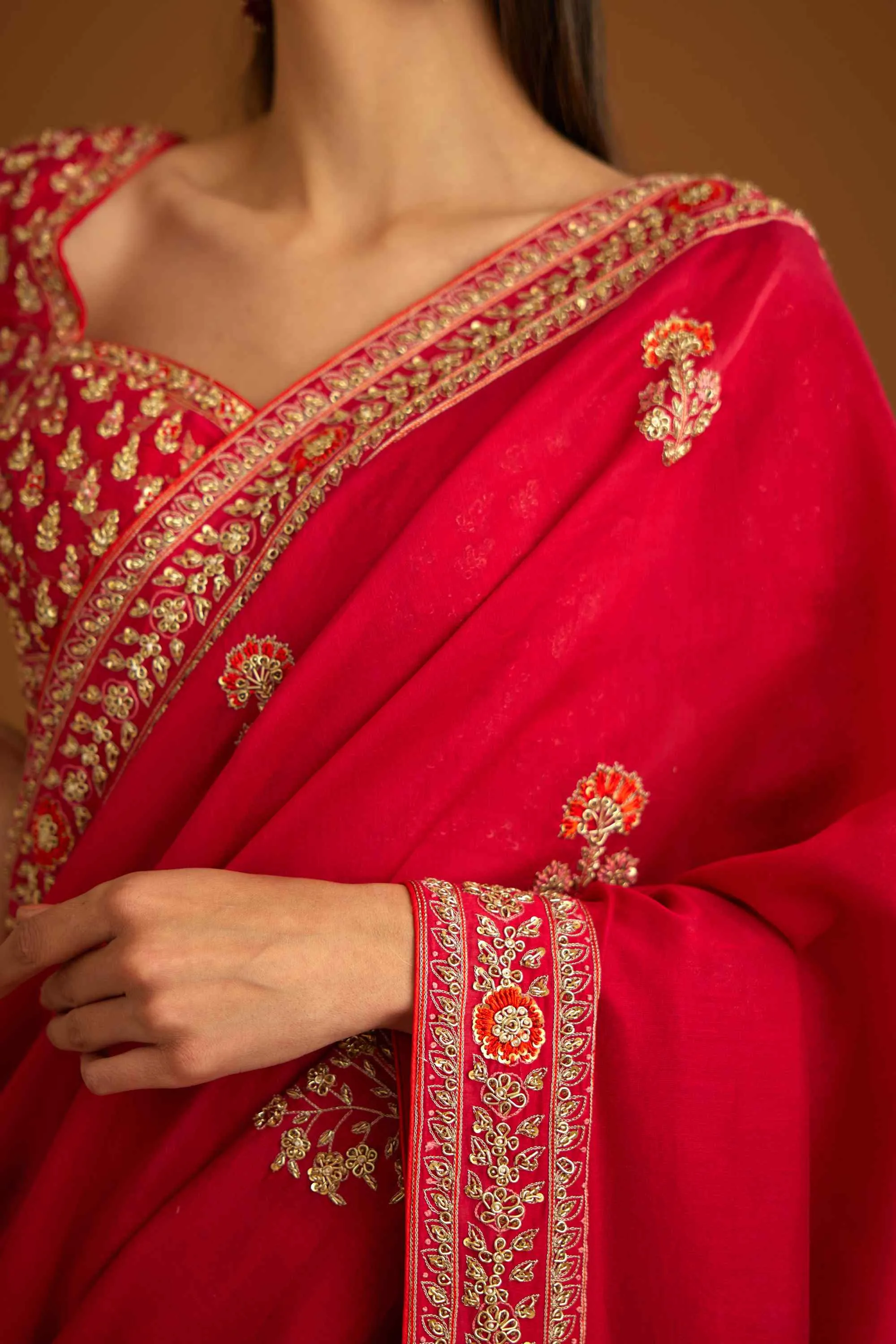 Red zardozi embroidery sari and blouse