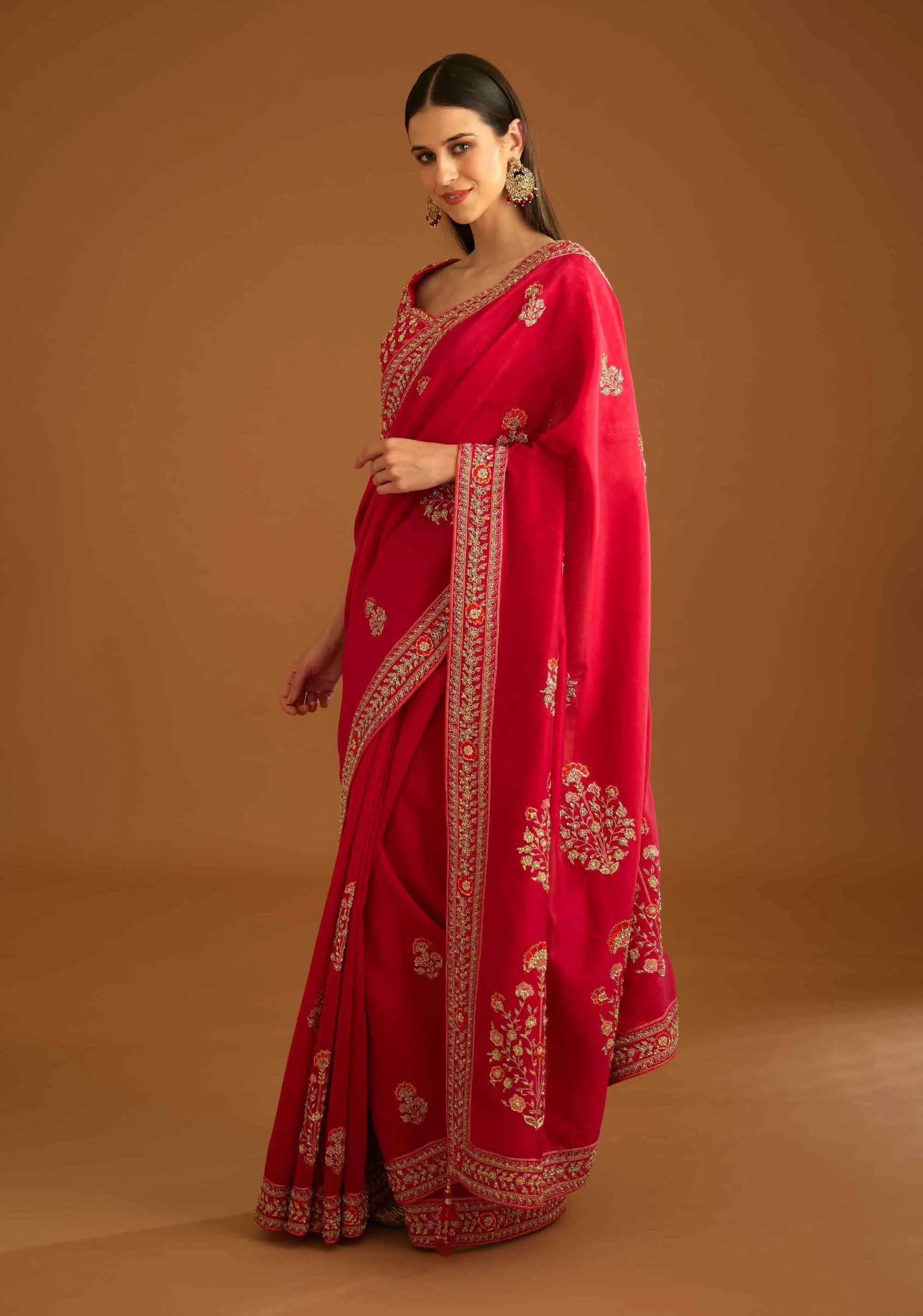 Red zardozi embroidery sari and blouse