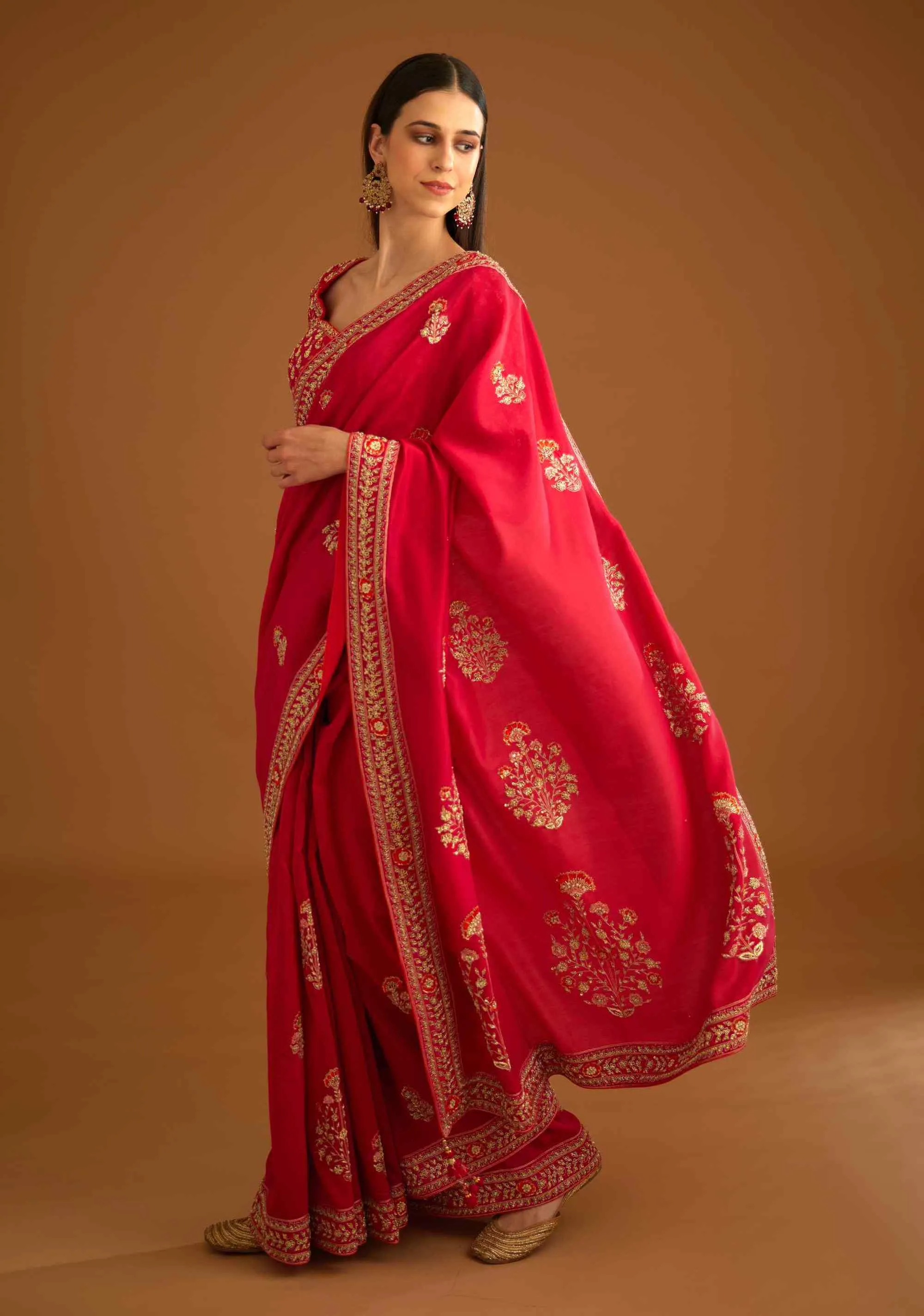 Red zardozi embroidery sari and blouse