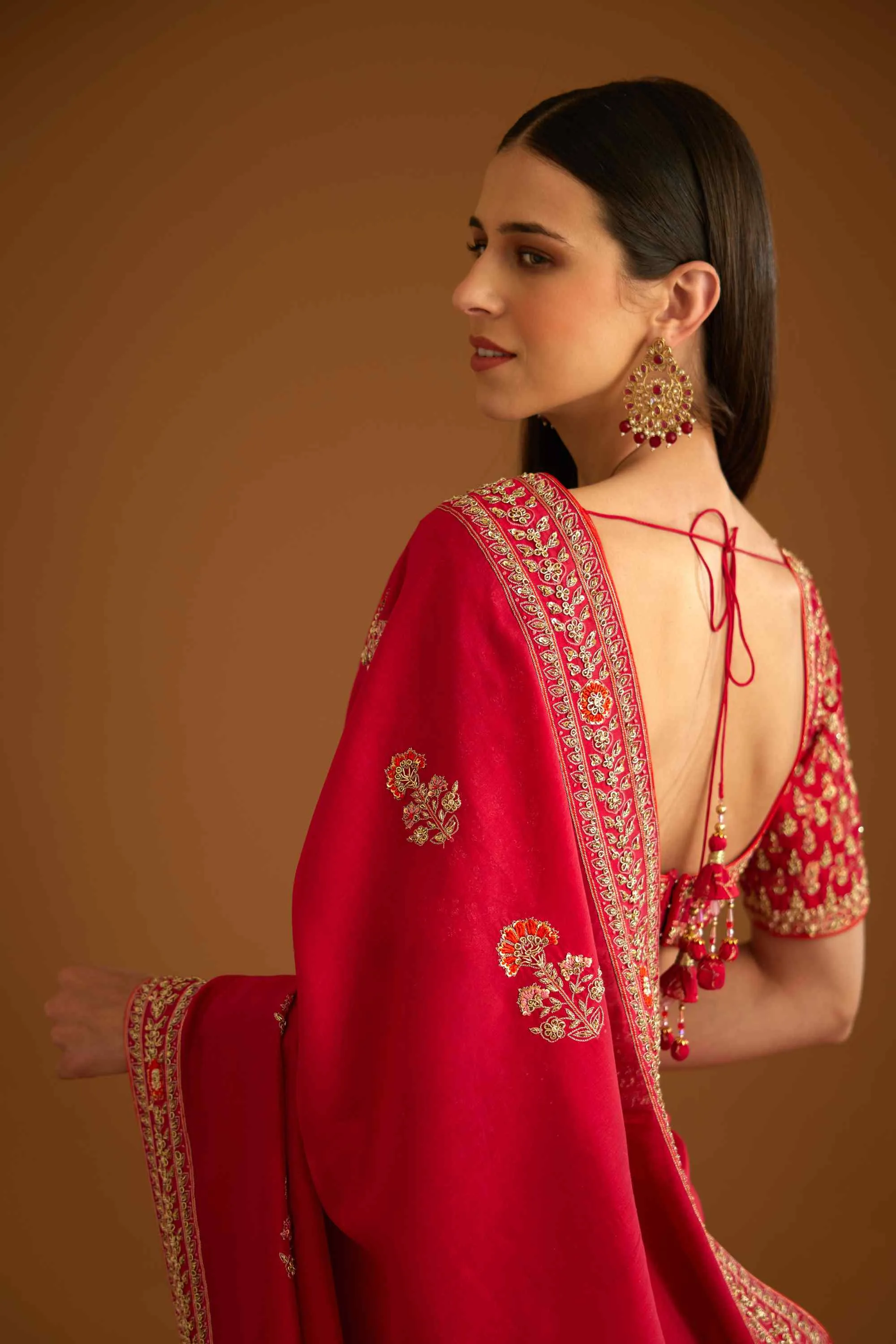 Red zardozi embroidery sari and blouse