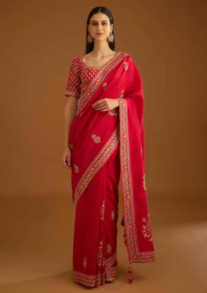 Red zardozi embroidery sari and blouse