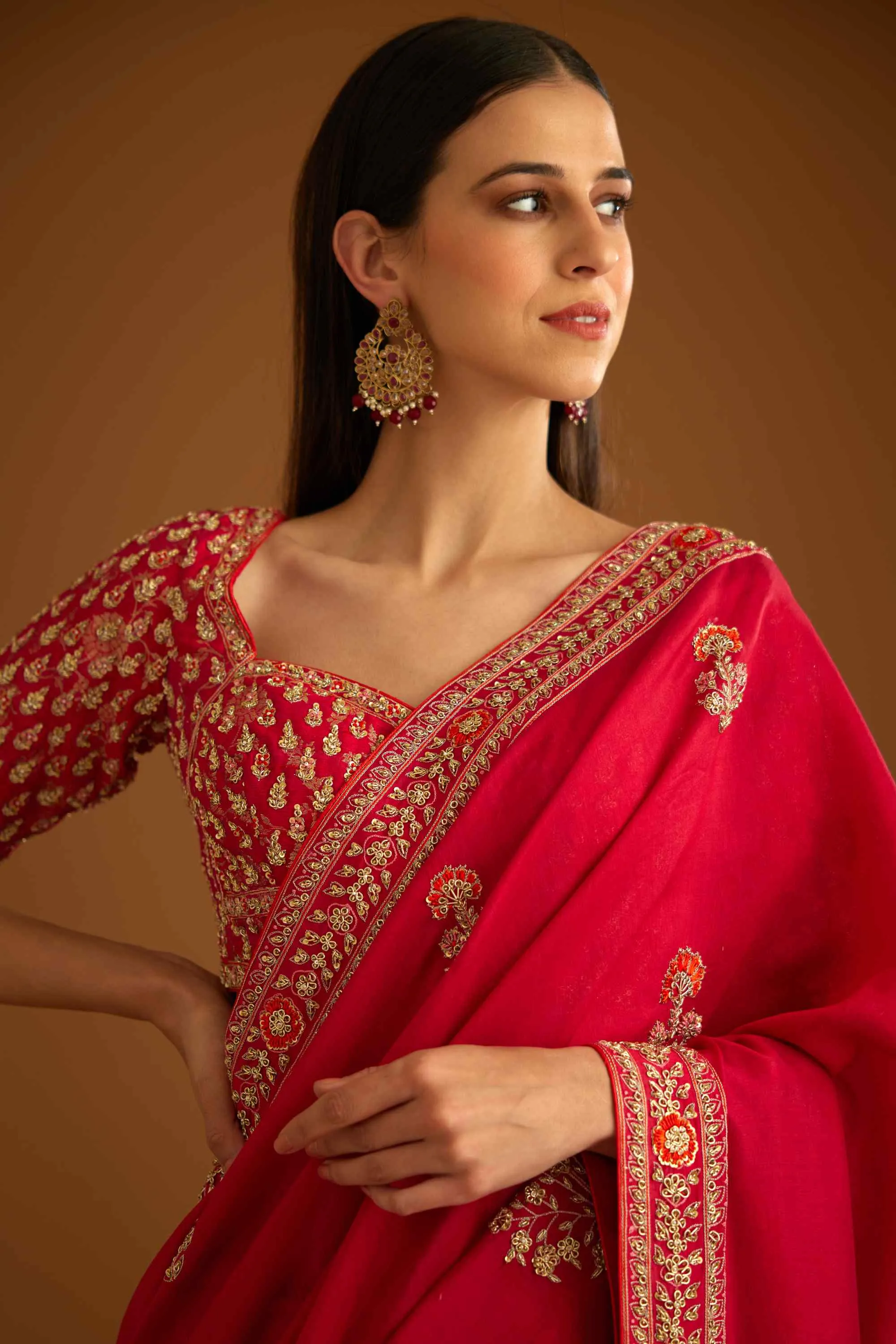 Red zardozi embroidery sari and blouse