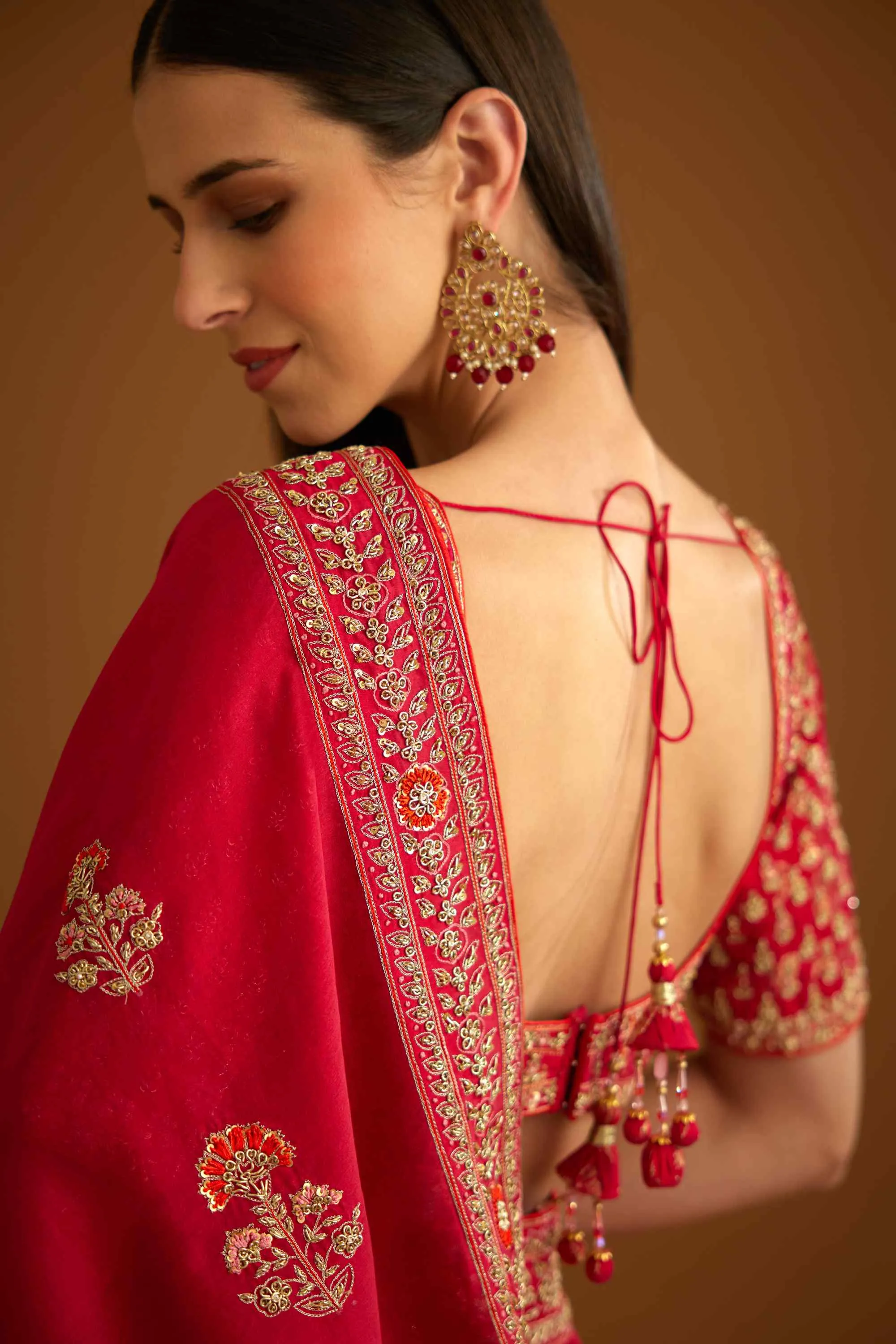 Red zardozi embroidery sari and blouse