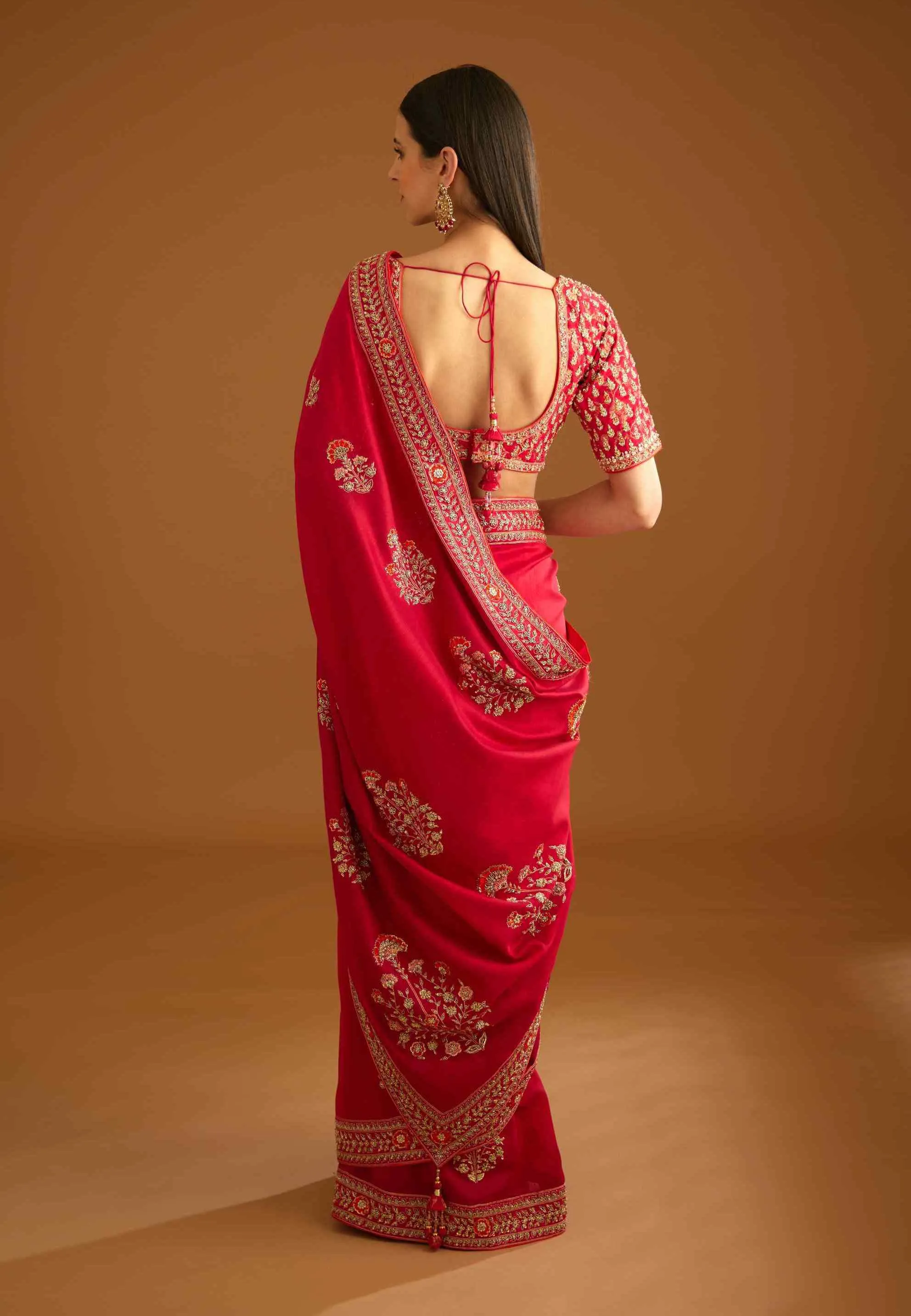 Red zardozi embroidery sari and blouse