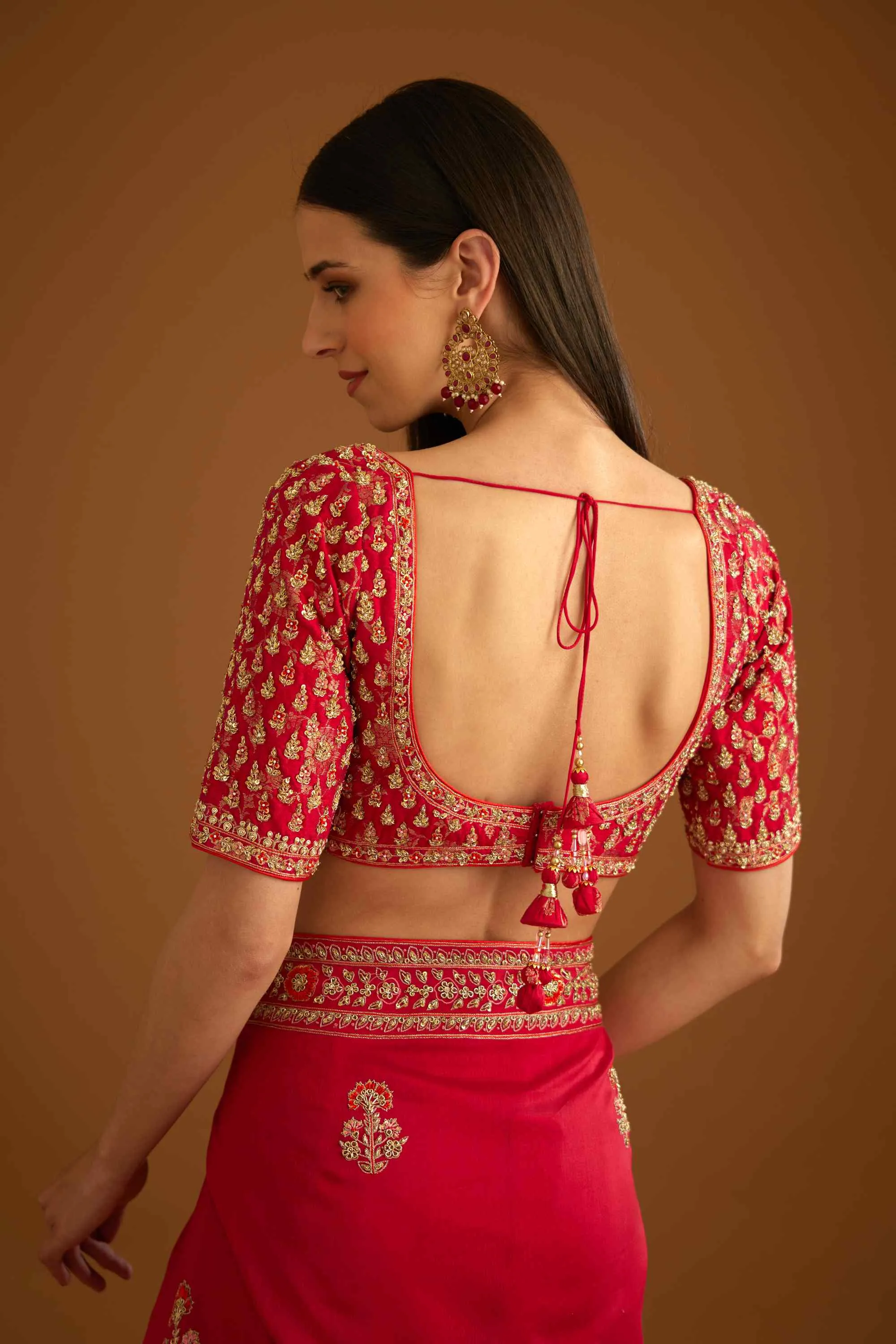 Red zardozi embroidery sari and blouse