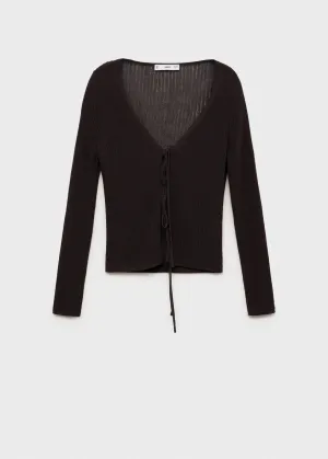 Ribbed knit cardigan with bows - Dark Brown