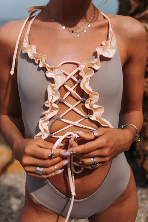 Ruffles Lace Up One Pieces Swimwear