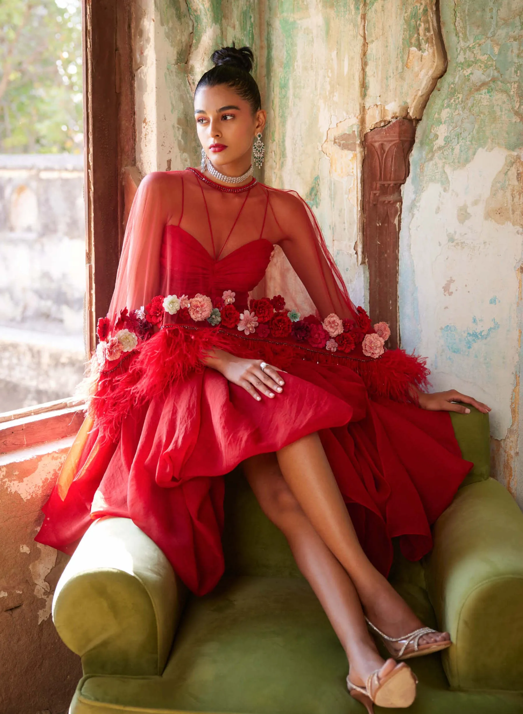 Scarlet red corsage cape and skirt set
