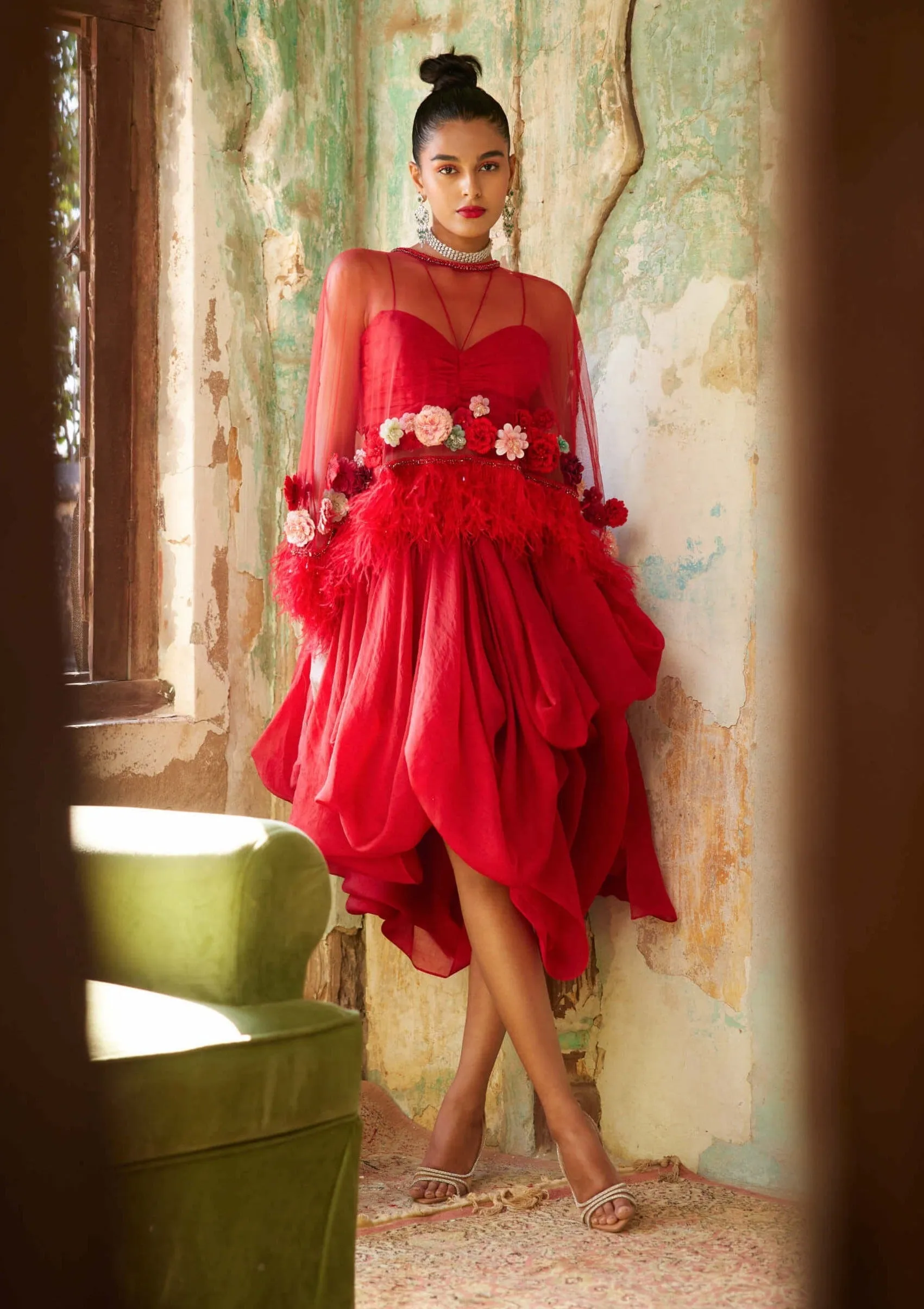 Scarlet red corsage cape and skirt set