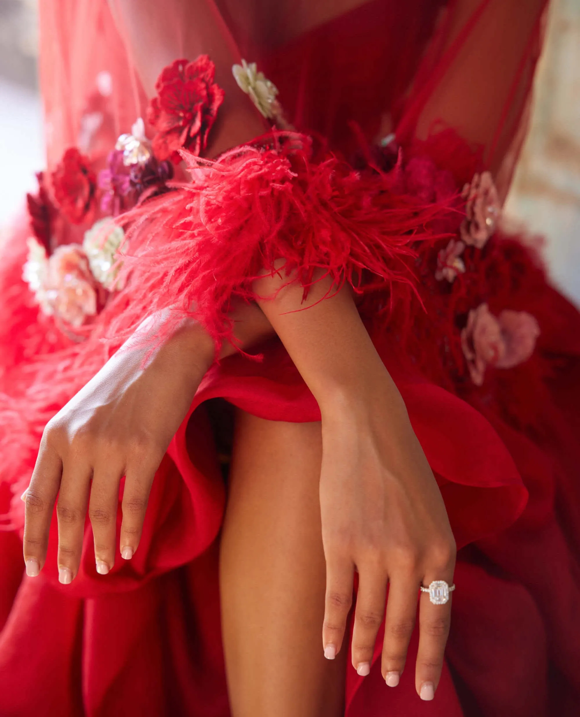 Scarlet red corsage cape and skirt set