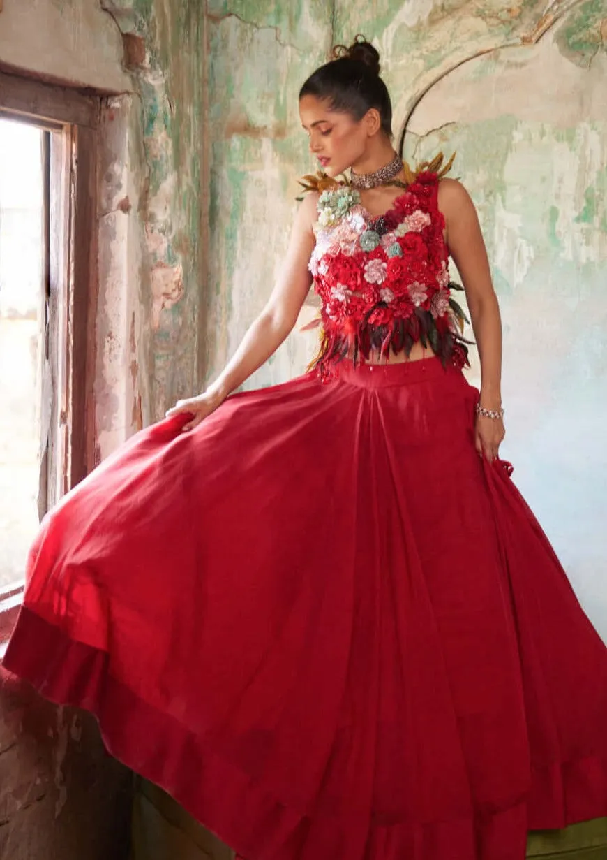 Scarlet red corsage top & skirt