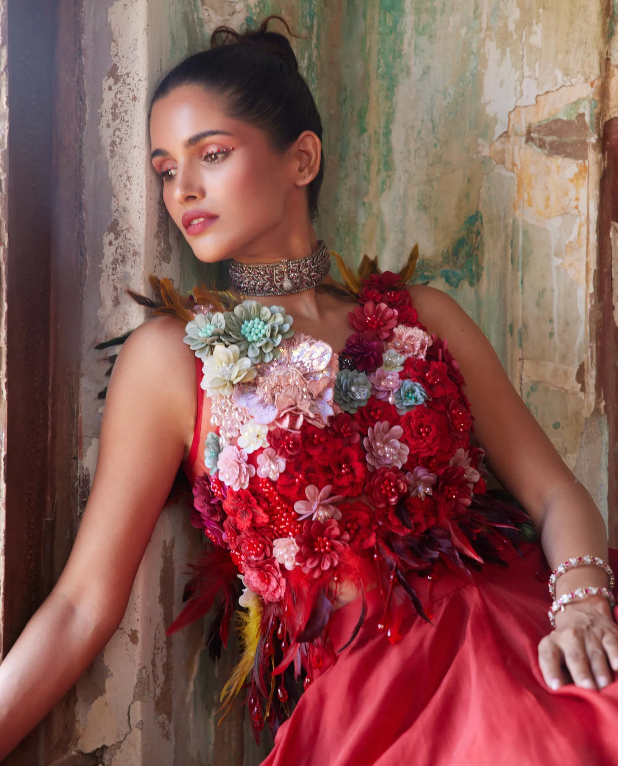 Scarlet red corsage top & skirt
