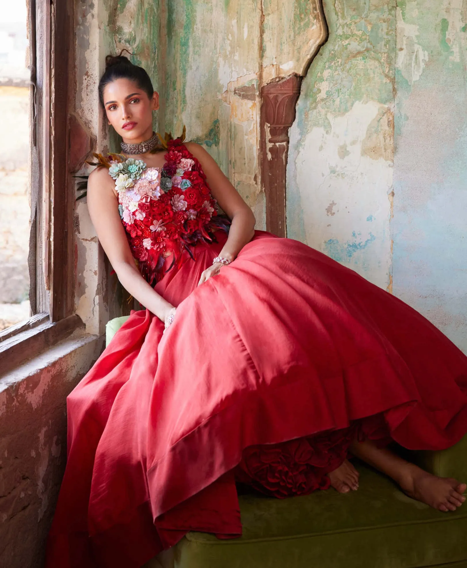 Scarlet red corsage top & skirt
