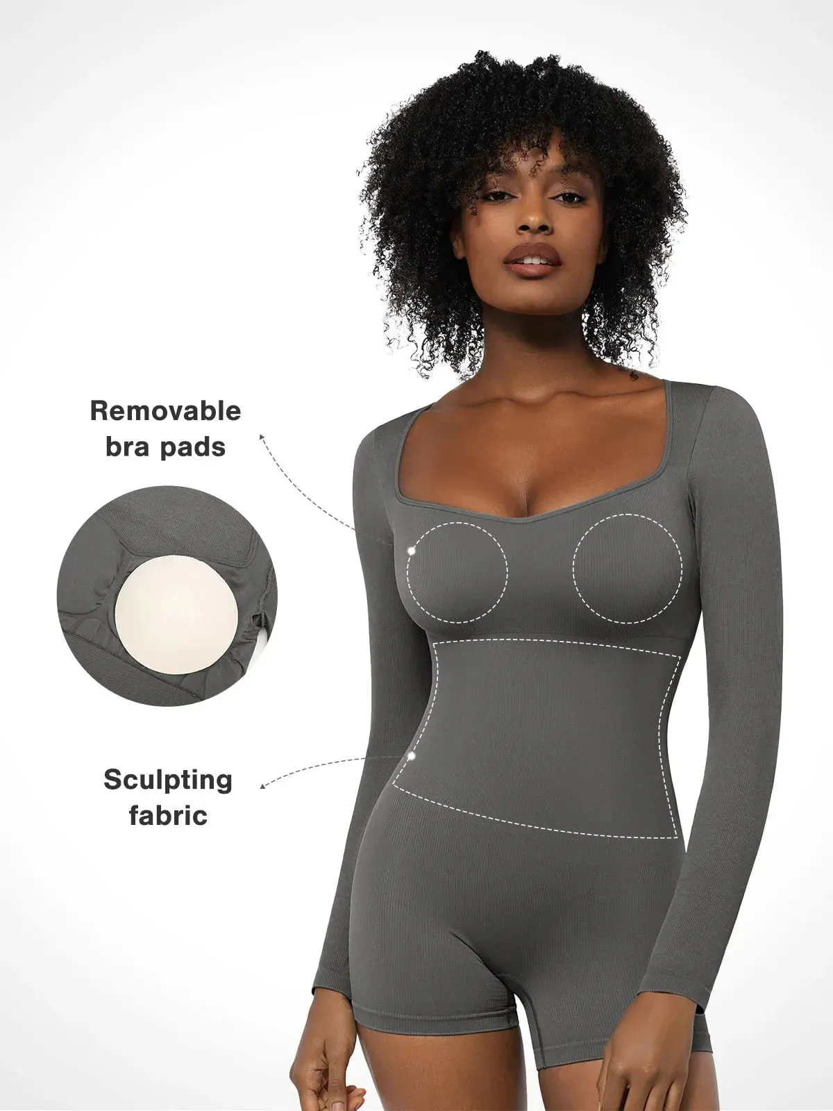 Shapewear Sweetheart Neck Long Sleeve Tummy Control Romper