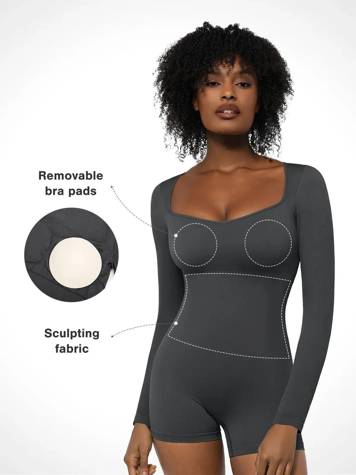 Shapewear Sweetheart Neck Long Sleeve Tummy Control Romper