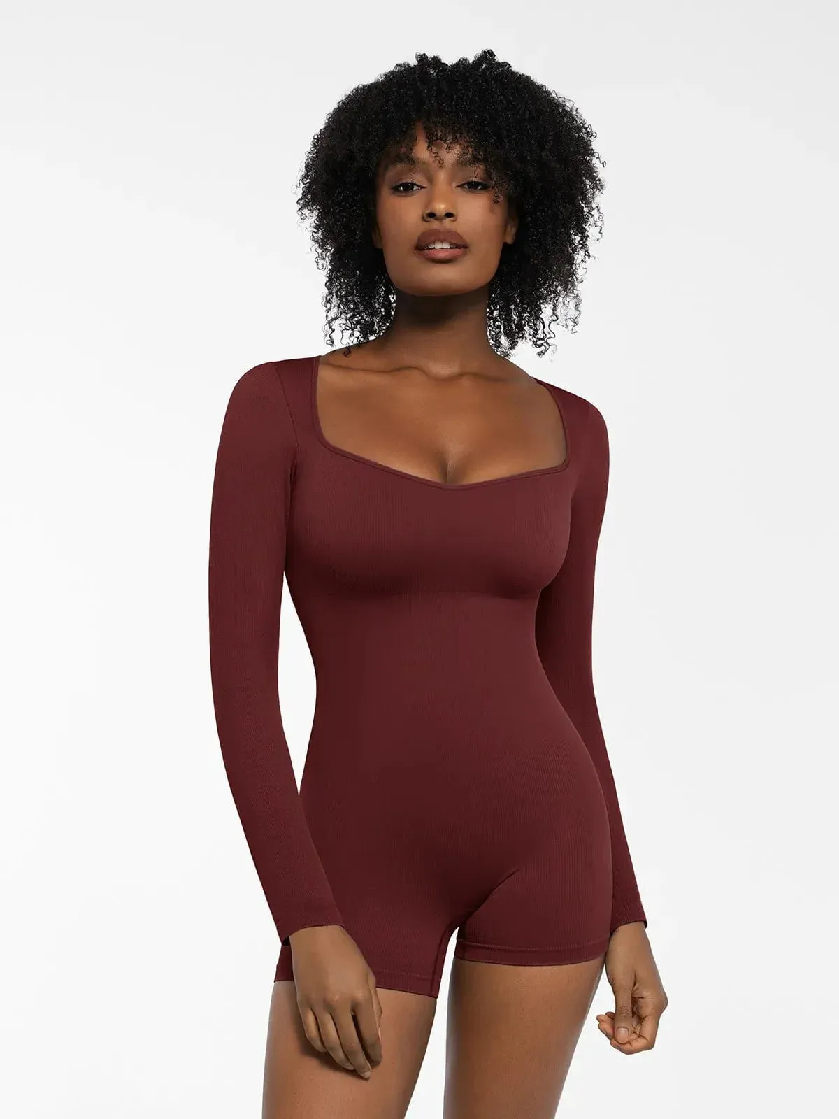Shapewear Sweetheart Neck Long Sleeve Tummy Control Romper