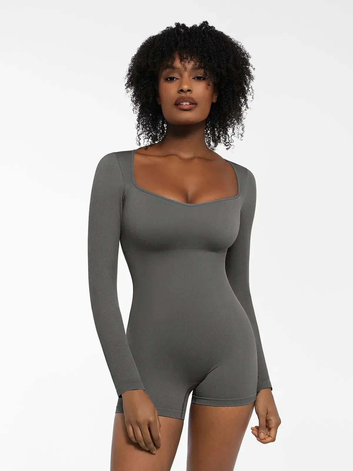 Shapewear Sweetheart Neck Long Sleeve Tummy Control Romper