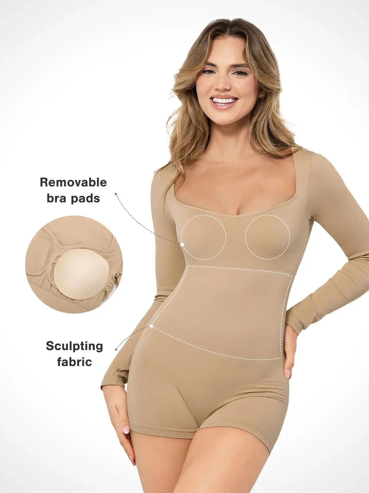 Shapewear Sweetheart Neck Long Sleeve Tummy Control Romper