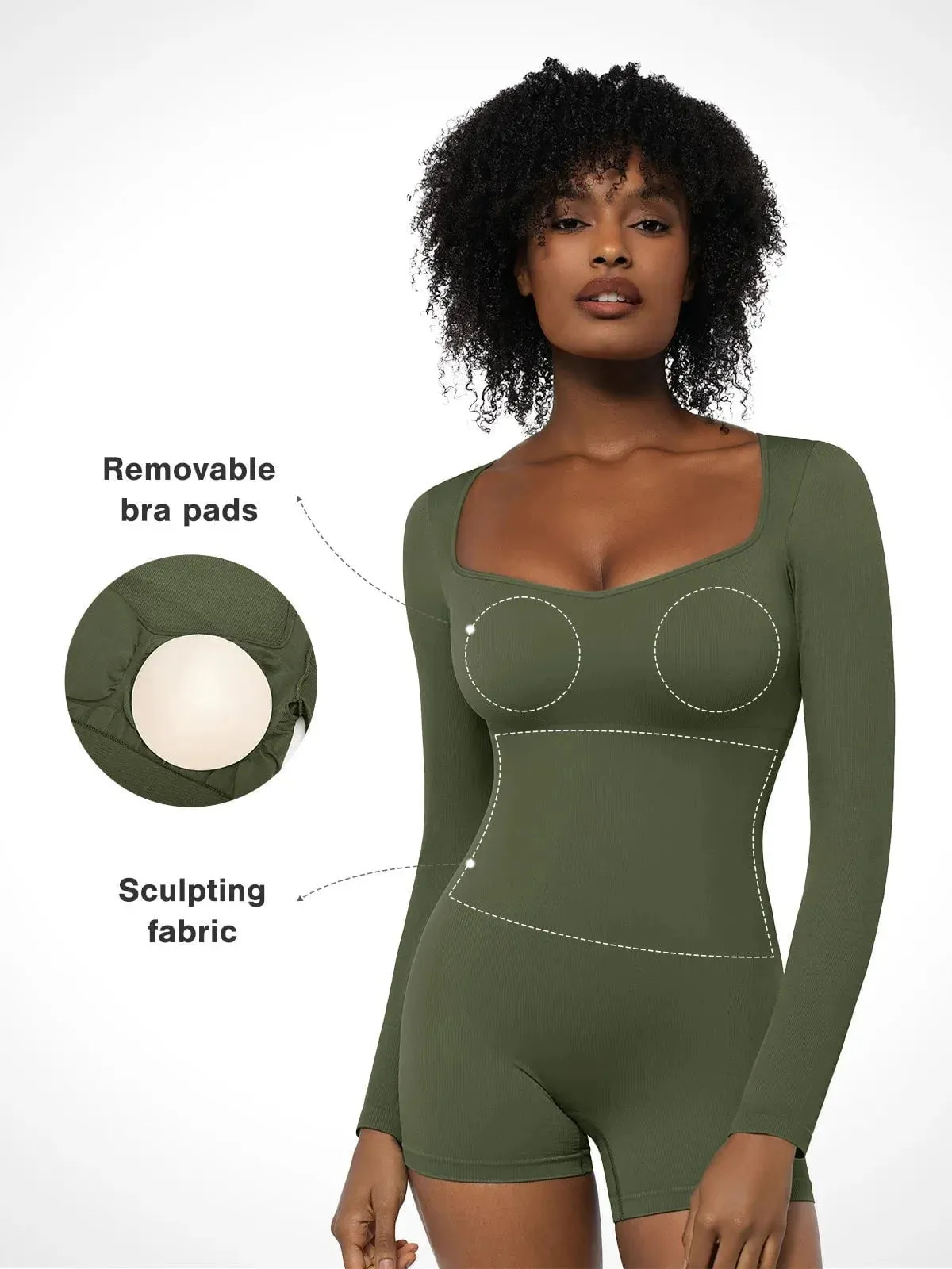 Shapewear Sweetheart Neck Long Sleeve Tummy Control Romper