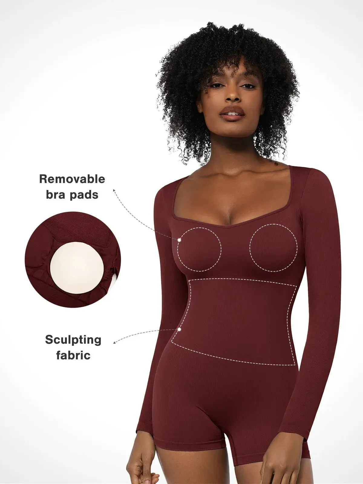 Shapewear Sweetheart Neck Long Sleeve Tummy Control Romper