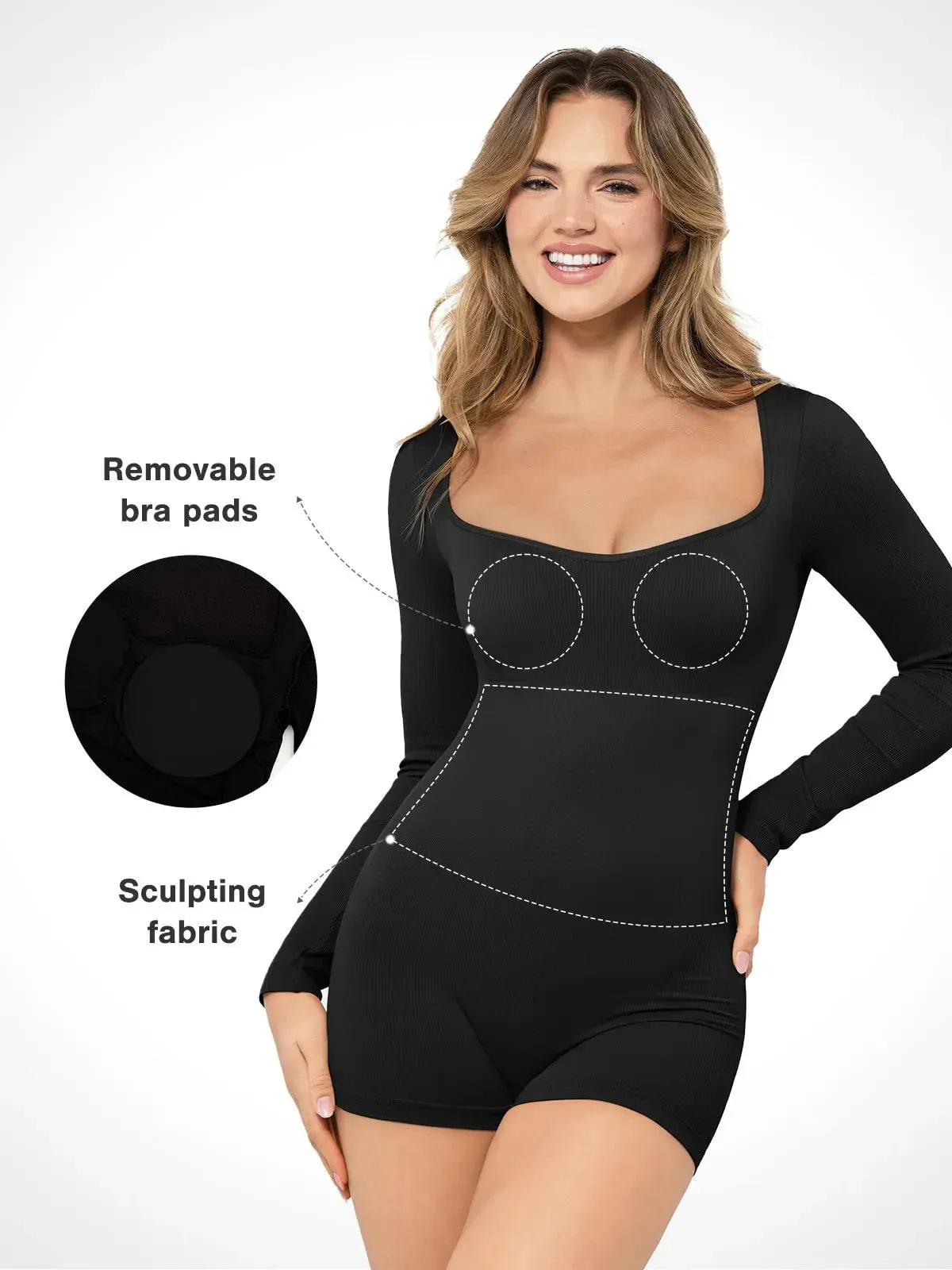 Shapewear Sweetheart Neck Long Sleeve Tummy Control Romper
