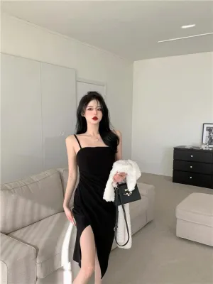 Side Slitted Rouched Black Dress