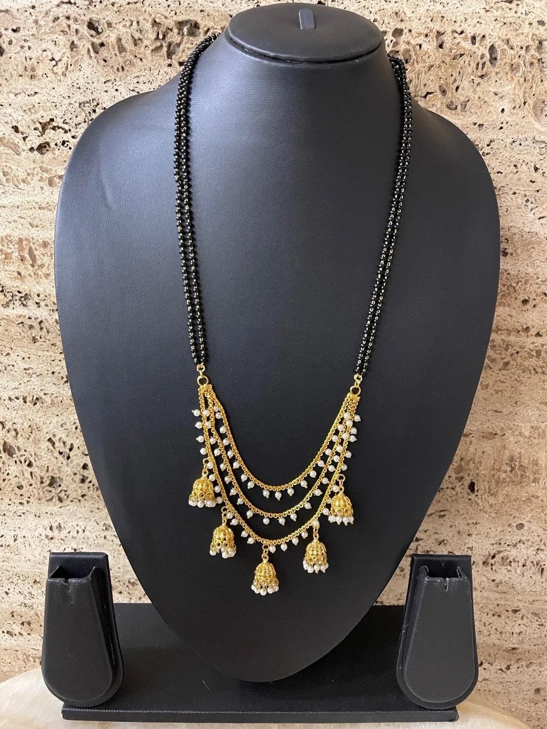 Simple Modern Long Mangalsutra Designs 3 Layered Jhumka Style Latkan With Double Layer Black Beads Chain