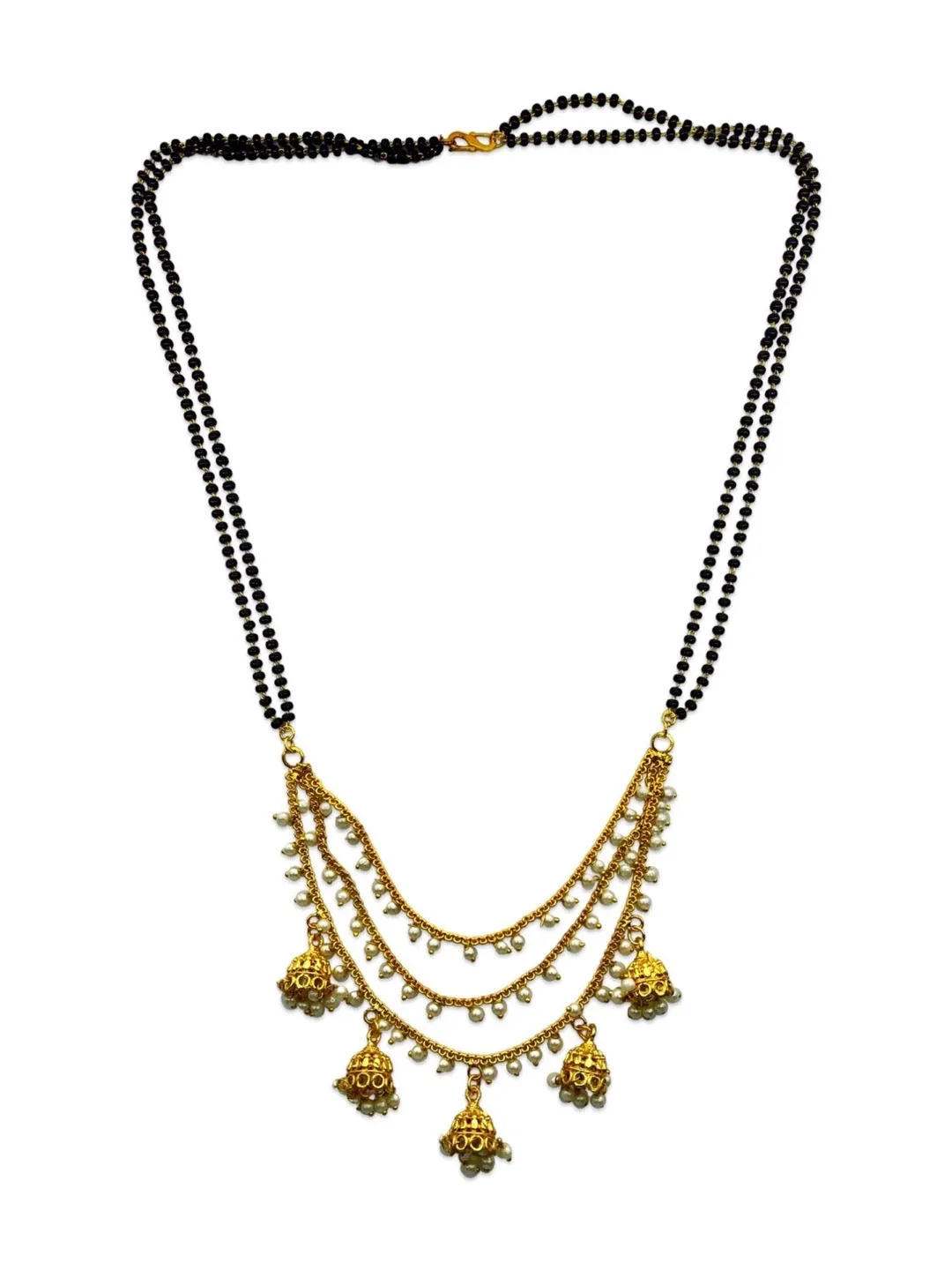 Simple Modern Long Mangalsutra Designs 3 Layered Jhumka Style Latkan With Double Layer Black Beads Chain