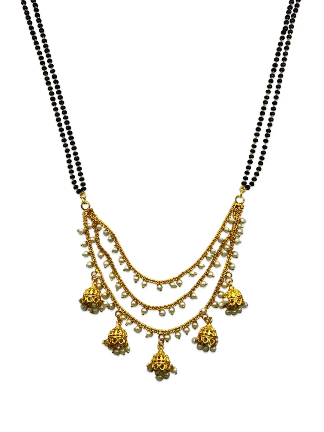 Simple Modern Long Mangalsutra Designs 3 Layered Jhumka Style Latkan With Double Layer Black Beads Chain