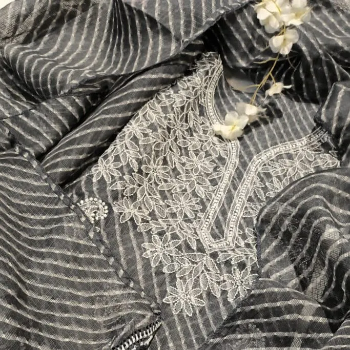 Sky Grey Chinkari Kota Silk Salwar Kameez Fabric