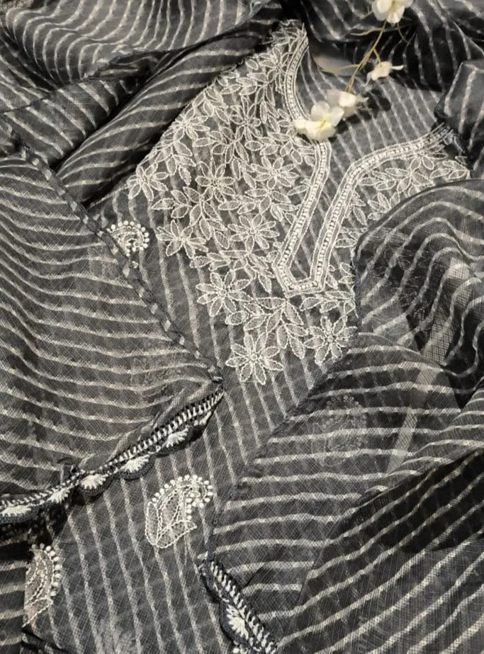 Sky Grey Chinkari Kota Silk Salwar Kameez Fabric