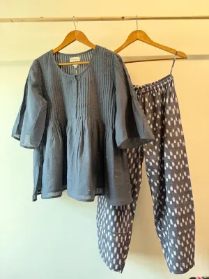 Sky Pin-Tuck Embroidered Top & Ikat baggy pants