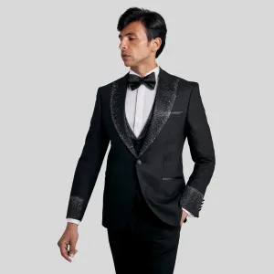 Slim Fit Black Tuxedo Suit - Notch Lapel Full Of Strass-Turkish Made