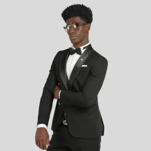Slim Fit Black Tuxedo Suit - Satin Shawl Lapel-Turkish Made
