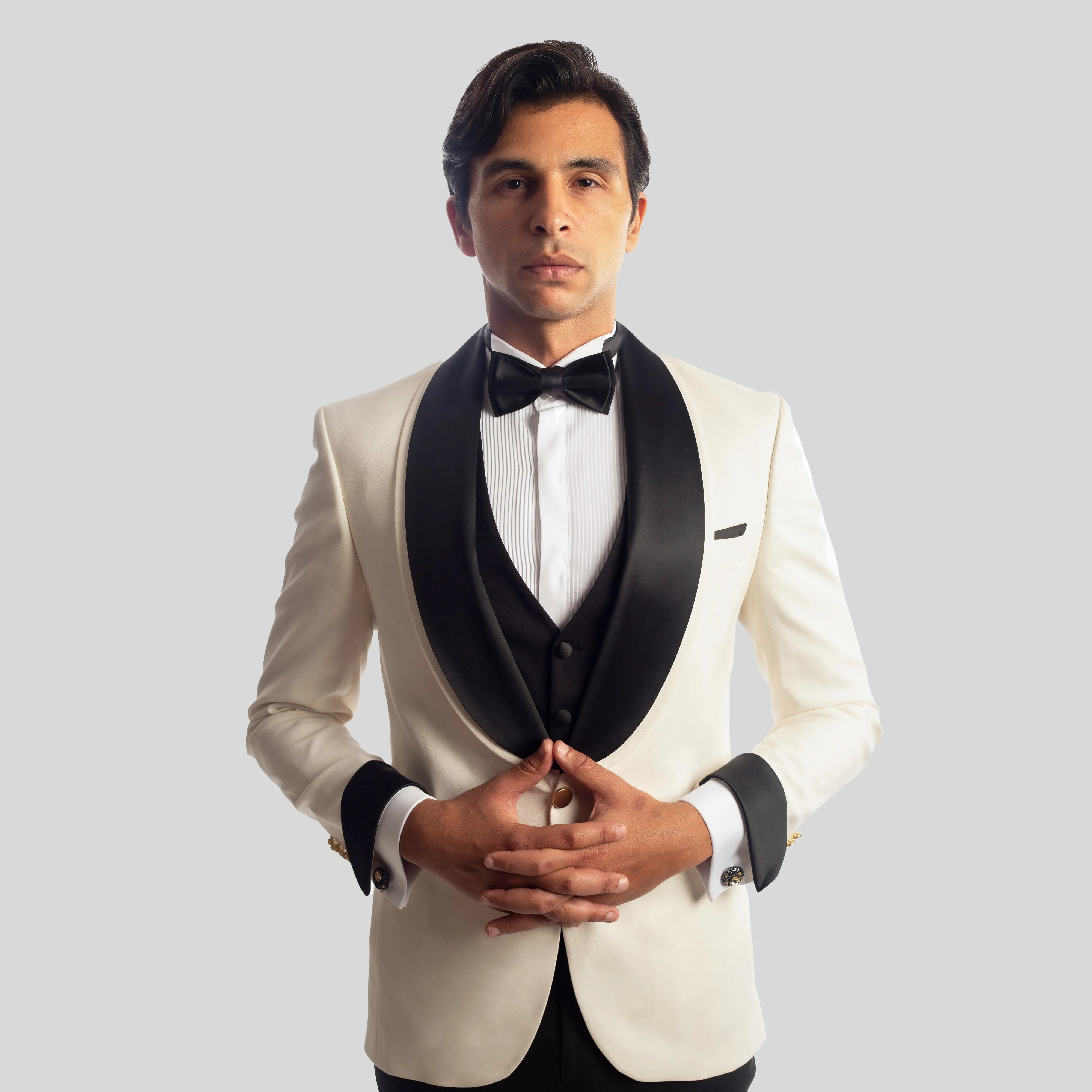 Slim Fit Off White Tuxedo Suit -Satin Lapel-Turkish Made