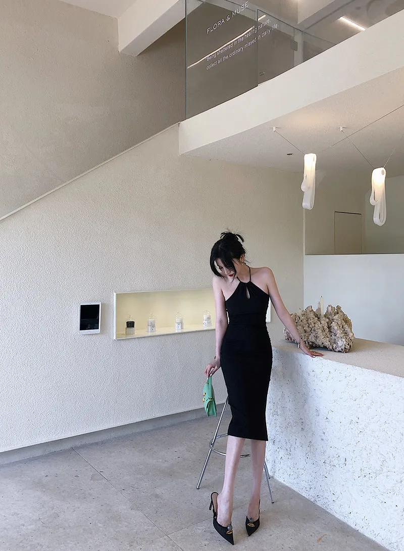 Solid Black Keyhole Neck Dress