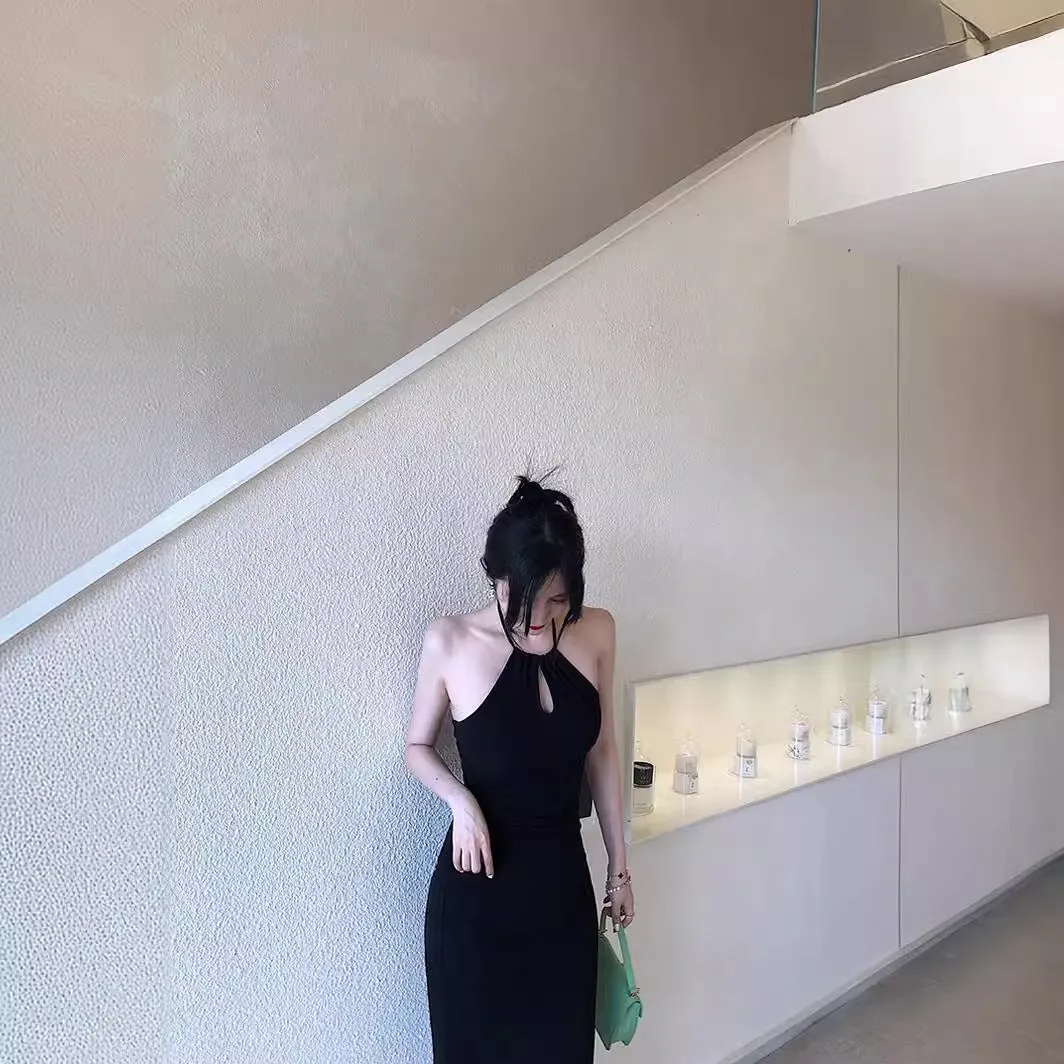 Solid Black Keyhole Neck Dress