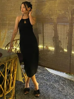 Solid Black Keyhole Neck Dress