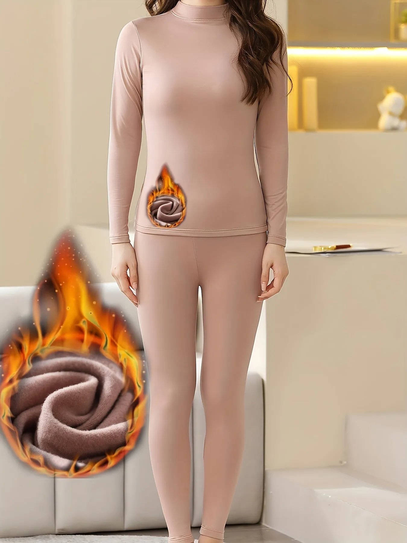 Solid Plush Thermal Underwear Set For Fall & Winter, Long Sleeve Mock Neck Tops & Pants, Women's Loungewear & Underwear