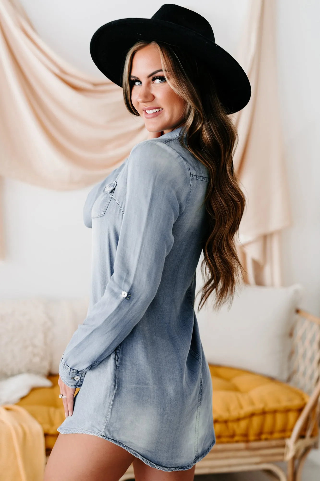 Still Undecided Button-Down Chambray Tunic Top (Denim)