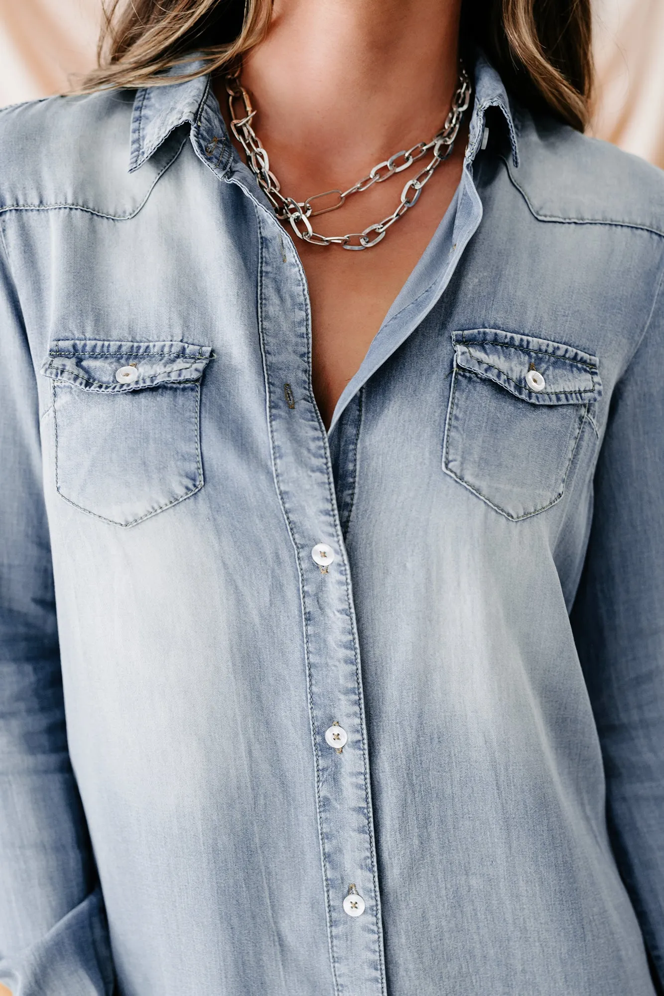 Still Undecided Button-Down Chambray Tunic Top (Denim)
