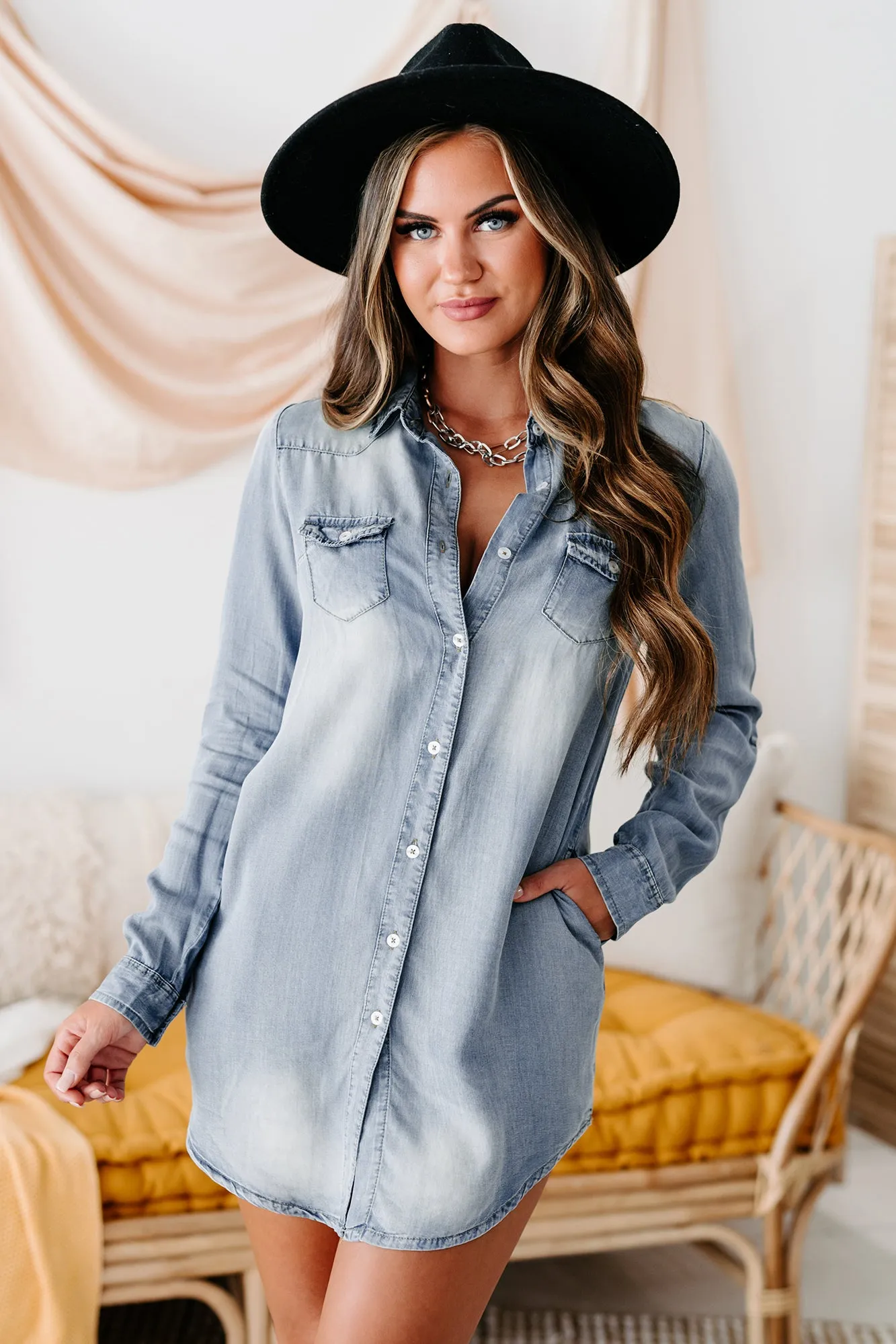 Still Undecided Button-Down Chambray Tunic Top (Denim)