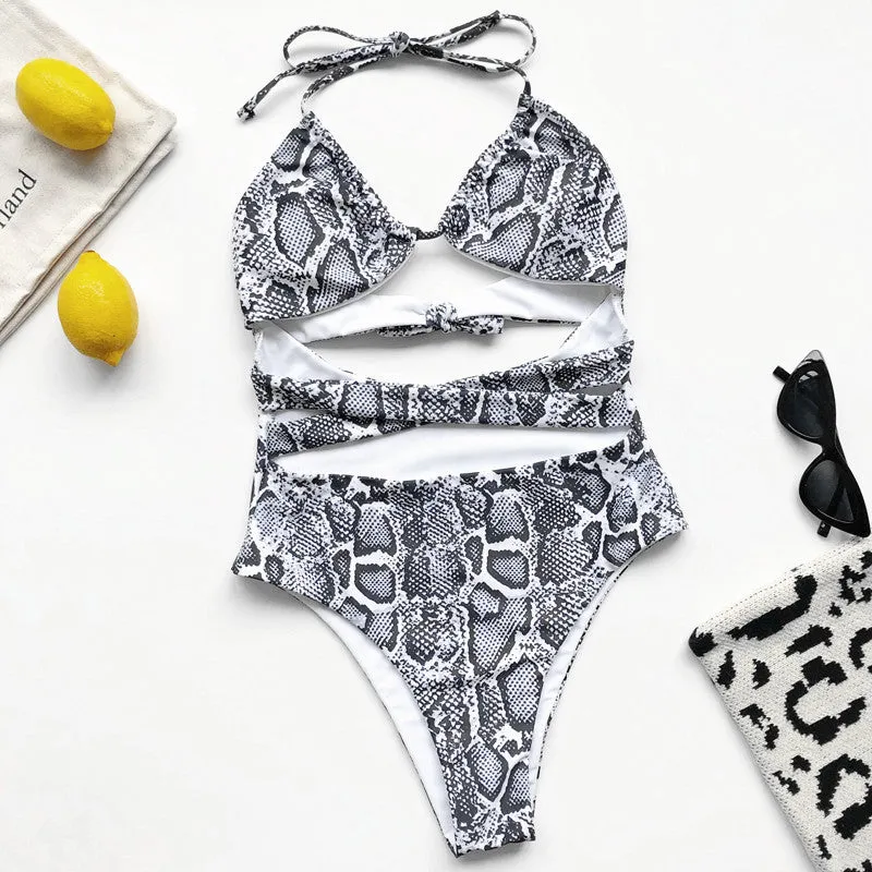 Strappy Swimwear Snake Print One-piece Lace-up Swimsuit