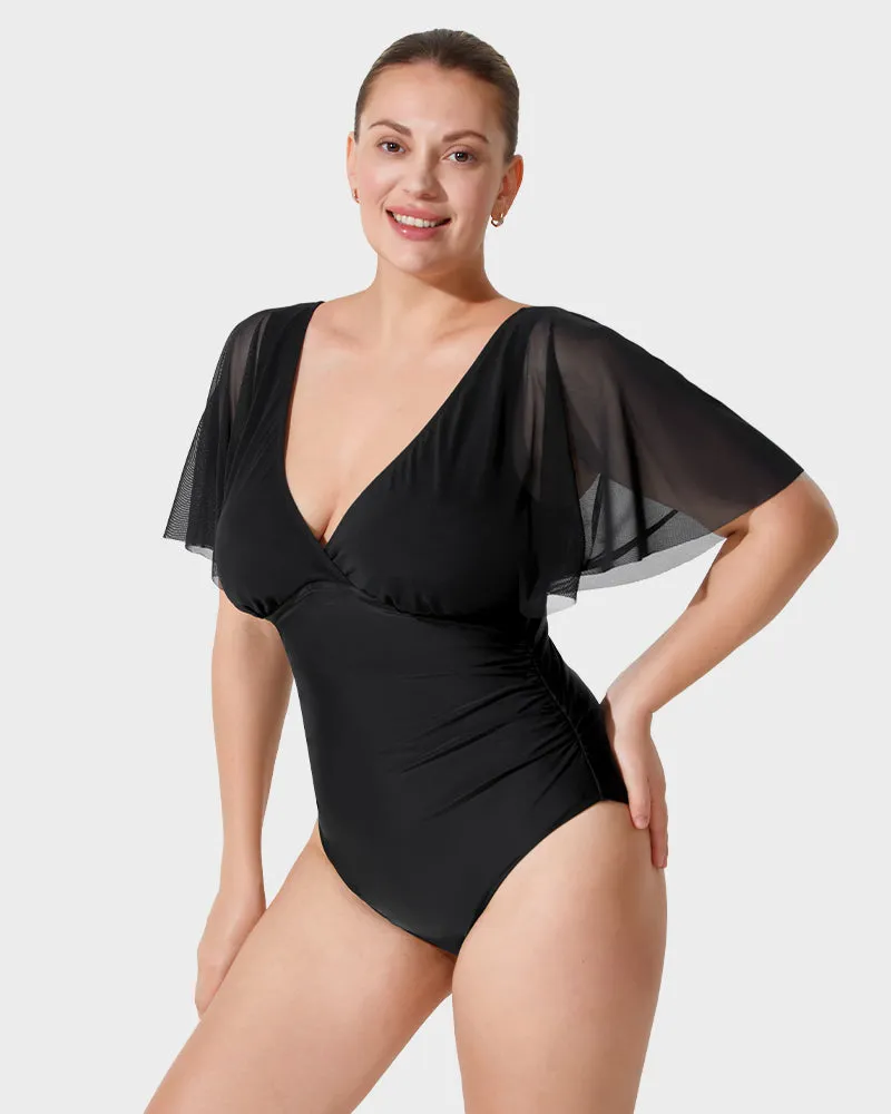 Stunning Deep V Mesh Ruffle Sleeve One-Piece Swimsuit for a Flawless Beach Look