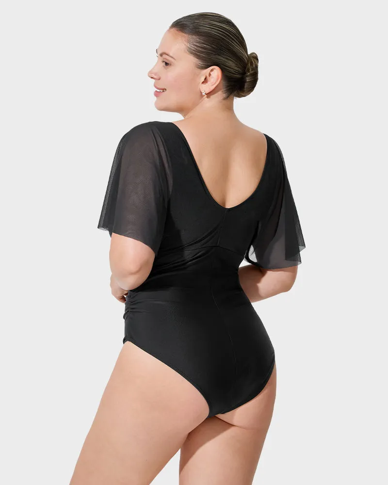 Stunning Deep V Mesh Ruffle Sleeve One-Piece Swimsuit for a Flawless Beach Look