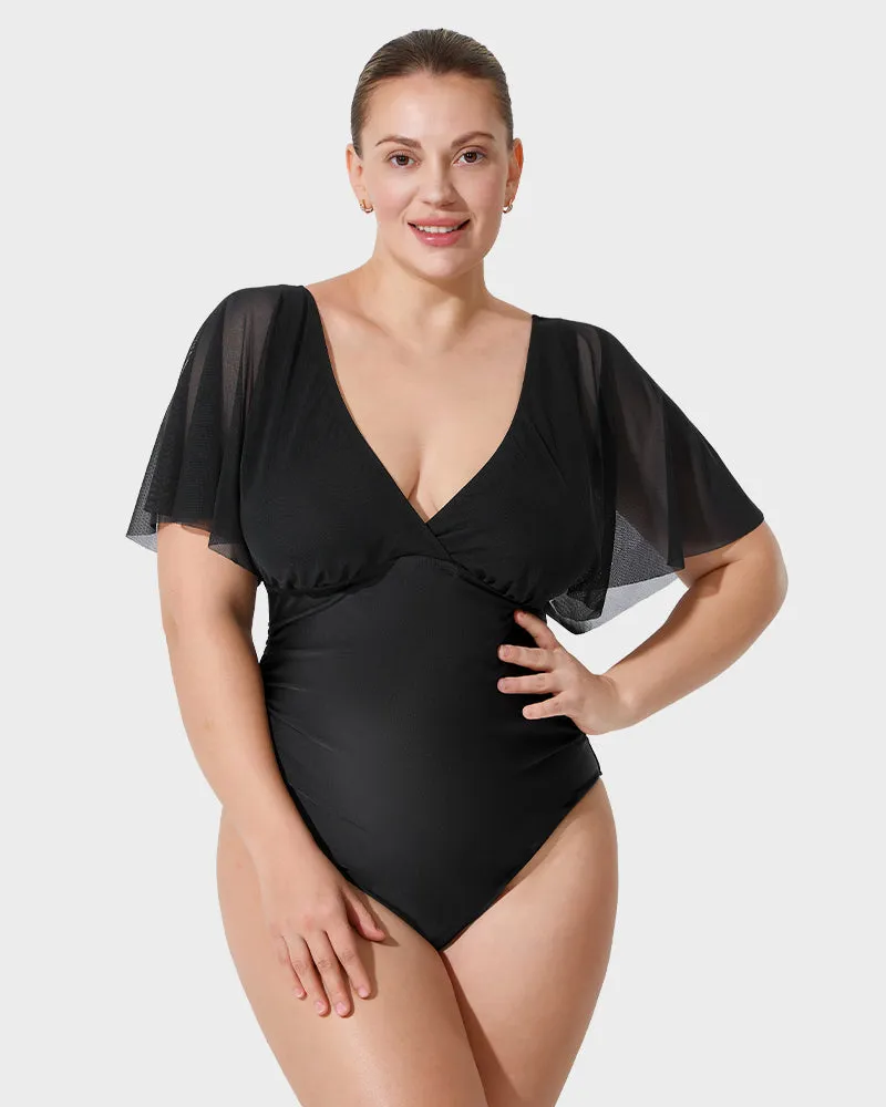 Stunning Deep V Mesh Ruffle Sleeve One-Piece Swimsuit for a Flawless Beach Look